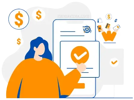 Illustration of a woman confirming an online payment on a mobile device, surrounded by financial icons